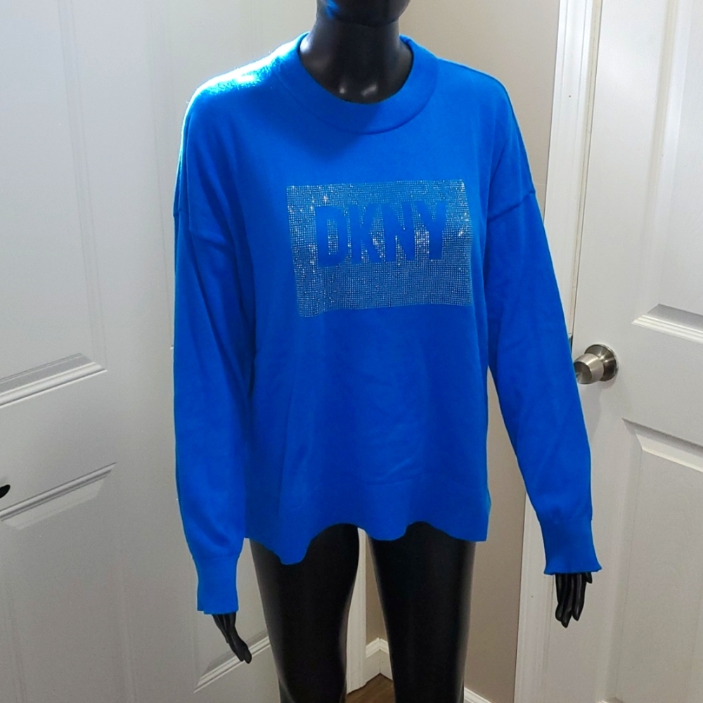 DKNY Cobalt Blue Glitter Sparkle Sweater Sweatshirt Size Large Worn Once